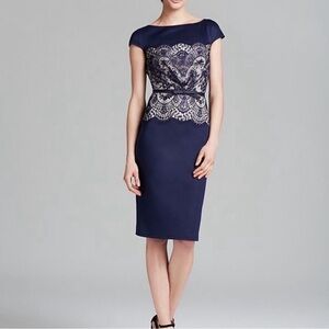 Tadashi Shoji Lace Inset Jersey Cap
Sleeve Above Knee Dress Navy Blue Size 4